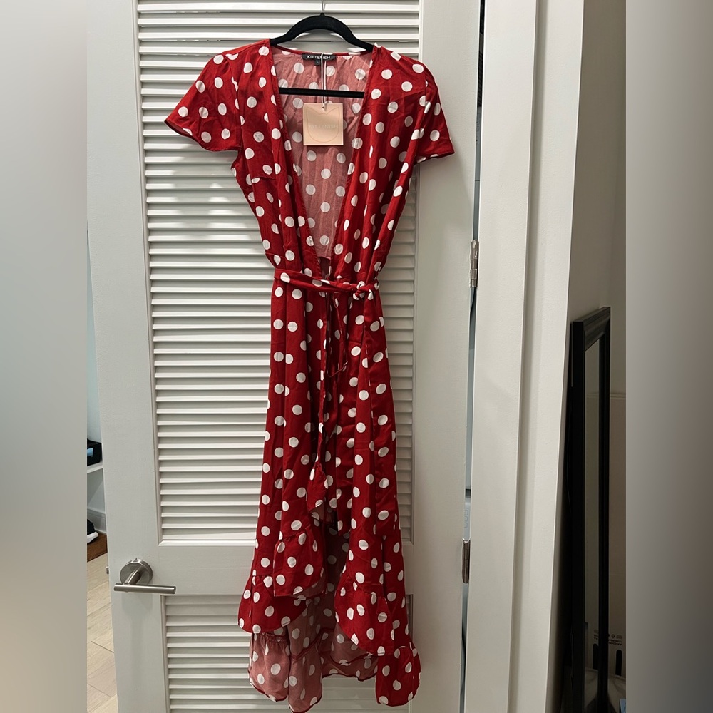 Kittenish Red and White Polka Dot Wrap Dress